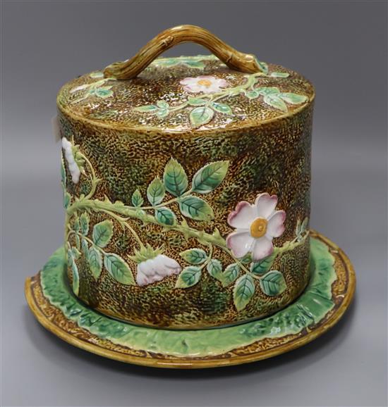 A George Jones majolica wild rose pattern cheese dome on stand height 26cm